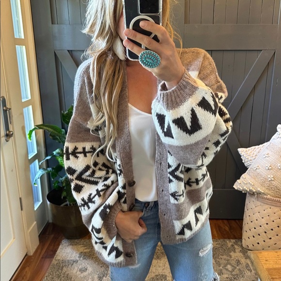 New Aztec Print Native Knit Wool Cardigan Sweater Button Front V-Neck Womens - Picture 6 of 8